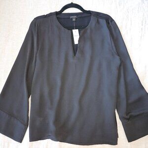 Ann Taylor Medium Black Satin Split Neck Blouse | Wide Cuff Sleeve Top